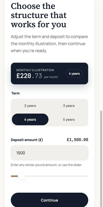 The customer quote page with term options and a deposit amount