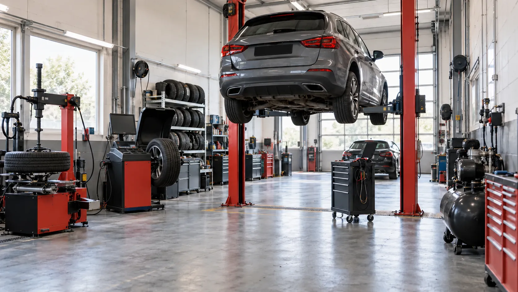 Vehicle workshop with lifts, diagnostic equipment and tyre machinery