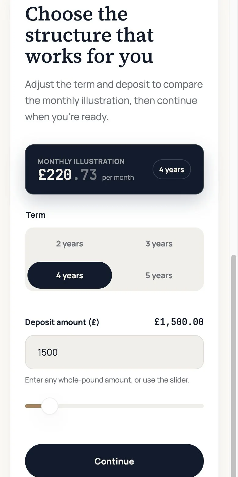 The customer quote page on a phone, with term options and a deposit slider