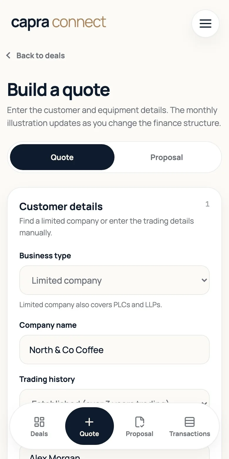 Capra Connect on a phone, building a quote for North and Co Coffee