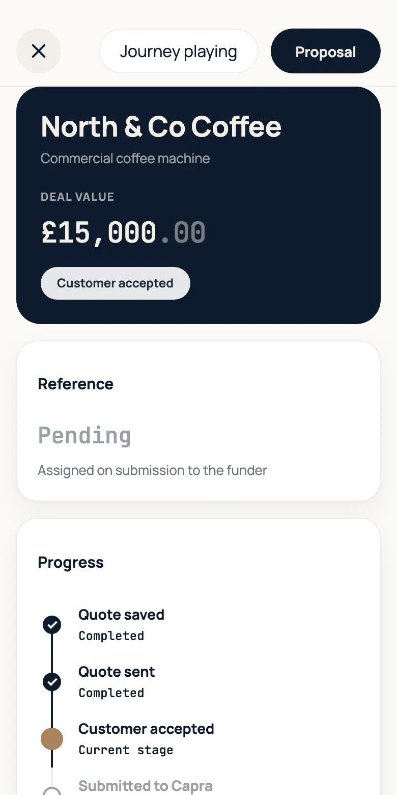 A North and Co Coffee deal in Capra Connect at the customer accepted stage, with its progress from quote saved to paid out