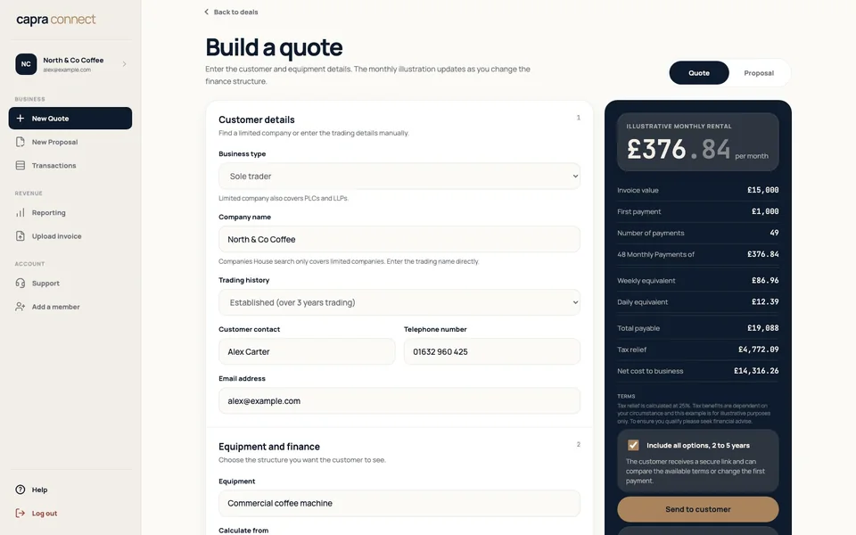 The Capra Connect quote builder with customer details on the left and the illustrative monthly rental and full breakdown on the right