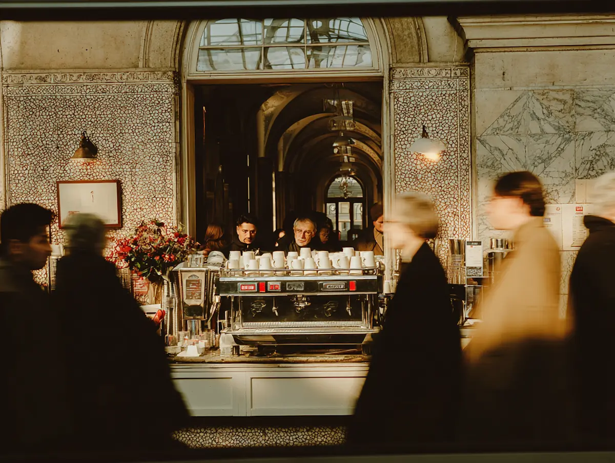 Commercial espresso machine serving a busy cafe