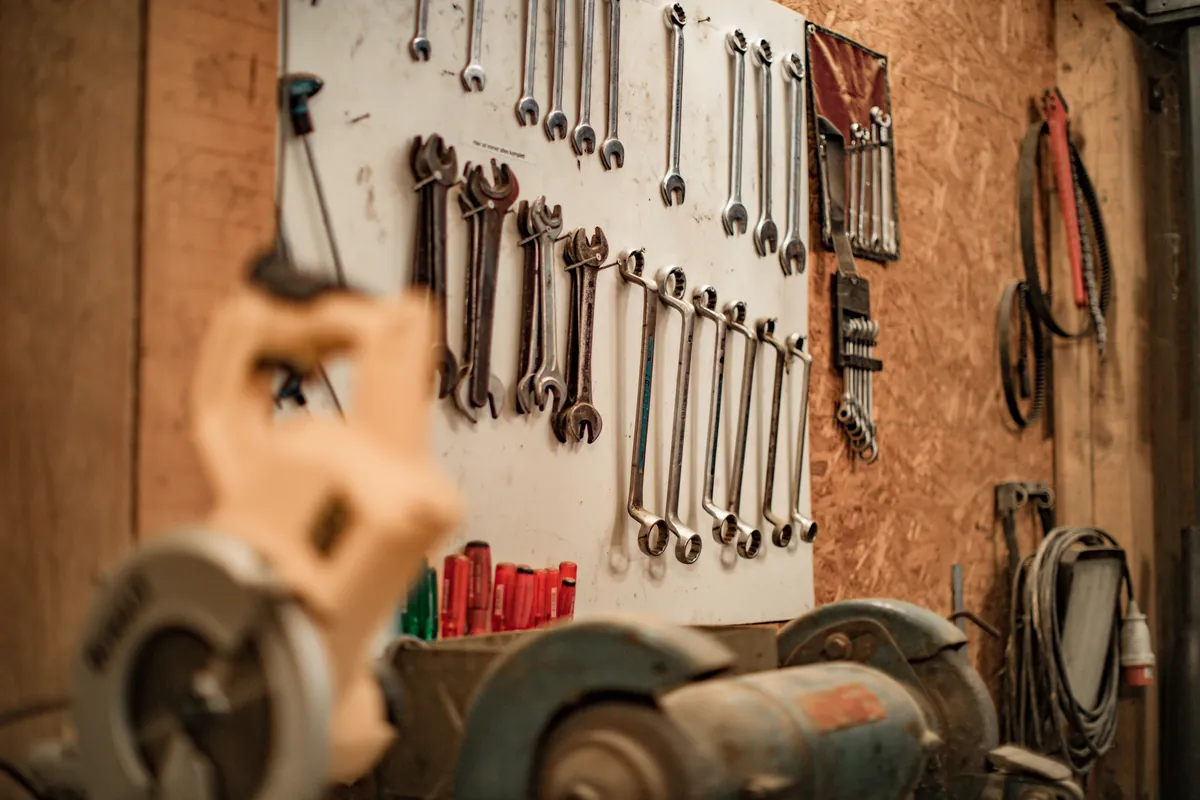 Organised workshop tools used for vehicle servicing and repair
