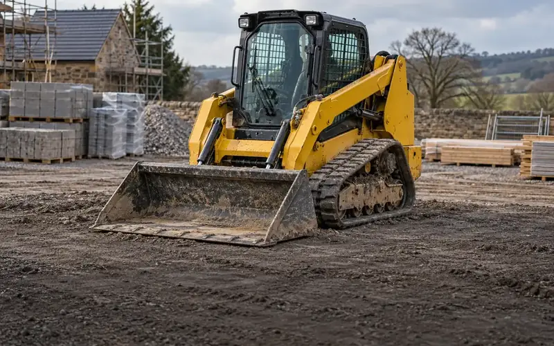 A tracked loader parked beside building materials