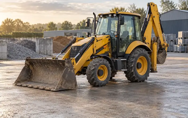 A backhoe loader on a builders yard